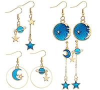 Pendientes Asimétricos, 4Pares Moon Star Asimétrico Pendientes, Pendientes Luna y Estrella,Tierra Hueca Pendientes Asimétricos, Tierra Luna Planetas Estrellas Para Mujeres Niñas Joyas De Aretes Largos