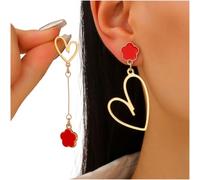 Pendientes asimétricos de gota de flor de corazón, 1 par, aretes esmaltados delicados de moda, postes de oro de 14 quilates, construcción ligera de aleación de zinc, joyería romántica para mujer (rojo