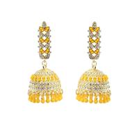 Pendientes bohemios de campana Jhumki de circonita cúbica para mujer, chapados en oro, cristal indio con borla de cuentas de 7 cm, joyería étnica vintage para boda y festival, Grande, Metal, Circonita