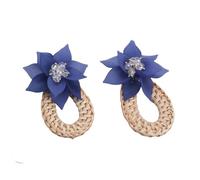 Pendientes Bohemios Hechos A Mano De Bambú Trenzado Y Flor Azul, Pendientes Étnicos De Ratán con Colgante Llamativo, Tejido De Bambú, Forma De Lágrima Geométrica, Regalos para Mujeres Y Niñas.