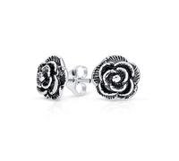 Pendientes Boton Estilo Retro Vintage Floral Garden Party Flower Rosa Negra Para Mujeres Adolescentes Oxidados .925 Plata De Ley 8Mm