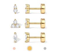Pendientes chapados en oro de 14 quilates de plata de ley 925 maciza, con parte trasera plana, para cartílago, hélix, concha y tragus, 3 pares de pendientes delicados para hombre y mujer, Plata de ley