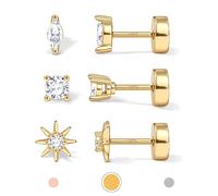 Pendientes chapados en oro de 14 quilates de plata de ley 925 maciza, con parte trasera plana, para cartílago, hélix, concha y tragus, 3 pares de pendientes delicados para hombre y mujer, Plata de ley