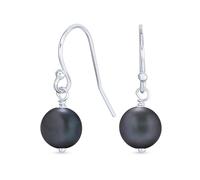 Pendientes Clásicos De Bola De Perla Cultivada De Agua Dulce Redonda Negra De 8 Mm Con Gancho Francés De Plata Esterlina .925 Para Mujeres