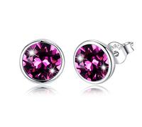 Pendientes clásicos del perno prisionero del cristal de la plata esterlina 925, regalos de boda del cumpleaños del aniversario para las mujeres, caja de joyería elegante (Púrpura)