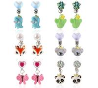 Pendientes Clip Niña, 6 Pares Pendientes de Clip para Niños, Con Animales, Cactus y Pequeños Monstruos Resina de Dibujos Animados Oreja, para Fiestas, Accesorios Diarios (C)