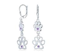Pendientes Colgantes Con Diseño De Huella De Pata De Perro Y Gato Para Amantes De Los Animales Bff En Plata De Ley .925 Con Circonita Cúbica Púrpura CZ Y Cierre De Palanca Para Mujer