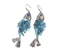 Pendientes colgantes con flecos a escala de pescado, joyería colgante de diseño oceánico único para mujer, pendientes llamativos azules hechos a mano