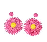 Pendientes Colgantes con Forma De Flor De Ratán Bohemio para Mujer, Estilo Bohemio, De Paja De Rafia Roja Rosa, Hechos A Mano, Joyería Tropical De Playa para Verano.