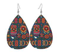 Pendientes colgantes con forma de hoja y estampado bohemio de arte popular mexicano, pendientes de cuero sintético con forma de corazón para el día de San Valentín