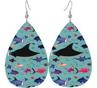 Pendientes colgantes con forma de hoja y estampado de mantarraya y pez, de piel sintética en forma de corazón, para San Valentín