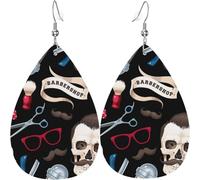 Pendientes colgantes con forma de lágrima para mujer, joyería de cuero, pendientes de color de peluquería con calavera y tijeras, color blanco