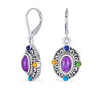 Pendientes colgantes con marco ovalado de turquesa púrpura multicolor estilo occidental para mujer en plata de ley oxidada .925