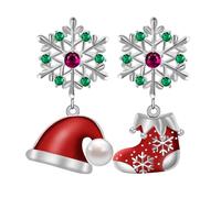 Pendientes Colgantes Copo de Nieve para Mujer - Qings Plata de Ley 925 Sombrero de Navidad y Medias Mismatch Pendientes con Cristal Rojo Verde Snowflakes para Niña
