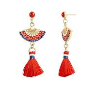 Pendientes colgantes de abanico chino rojo para mujer, diseño étnico, borla con flecos, perlas y diamantes de imitación, joyería de Año Nuevo y vacaciones, Grande, Metal, Sin piedra preciosa