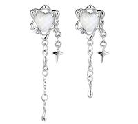 Pendientes colgantes de acero inoxidable con forma de corazón de piedra lunar para mujeres, adolescentes y niñas, con borla de plata y estrella, pendientes colgantes Y2K, Plata, Resina