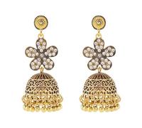 Pendientes colgantes de campana de flores de Jhumka con diamantes de imitación para mujer, estilo vintage, candelabro de cristal, con borlas, aretes de gota ligeros, indios de Bollywood, joyería
