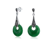 Pendientes colgantes de círculo abierto de jade verde teñido con marcasita de estilo asiático para mujer en plata de ley .925