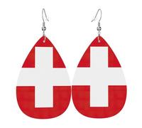 Pendientes colgantes de cuero con diseño de bandera suiza, joyería reversible con ganchos chapados en plata