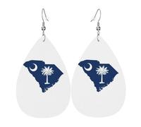 Pendientes colgantes de cuero con diseño de mapa de la bandera de Carolina del Sur, joyería reversible con ganchos chapados en plata