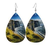 Pendientes colgantes de cuero con estampado de acantilados de Irlanda, joyería reversible con ganchos chapados en plata