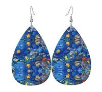 Pendientes colgantes de cuero con estampado de peces tropicales, joyería reversible con ganchos chapados en plata
