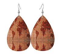 Pendientes colgantes de cuero con forma de lágrima, ligeros y a la moda, con diseño de mapa del mundo del Atlas y pared de ladrillos, para mujer