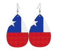 Pendientes colgantes de cuero con la bandera de Chile, joyería reversible con ganchos chapados en plata