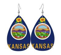 Pendientes colgantes de cuero con la bandera del estado de Kansas, joyería reversible con ganchos chapados en plata