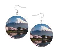 Pendientes colgantes de cuero - Monte Fuji a principios de primavera, aretes de aro impresos para mujeres y niñas, accesorio perfecto para fiestas de disfraces