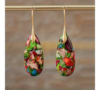 Pendientes colgantes de declaración Boho Chic de piedra natural para mujer, jasper imperial verde floral con gancho chapado en oro, elegantes pendientes colgantes para boda y , idea de regalo de lujo
