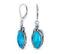 Pendientes Colgantes De Estilo Boho Nativo Americano Con Forma De Hoja De Plumas Y Turquesa Azul Estabilizada En Forma De Marquesa Joyería Occidental Con Cierre De Palanca En Plata De Ley Oxidada .925