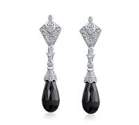 Pendientes colgantes de estilo Deco con lágrima facetada de circonita cúbica negra pavé CZ para fiesta de noche en plata de ley .925