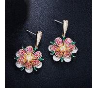 Pendientes Colgantes de Flores 925 con Cristal Esmeralda Rojo y Verde, Rosa geométrica 3D para Mujer