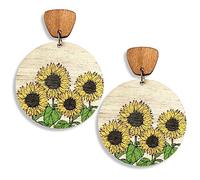 Pendientes colgantes de girasol de madera hechos a mano, ligeros, redondos, estilo vintage, bohemio, geométrico, flor, para mujer, 2.36 inches, Madera