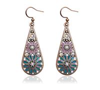 Pendientes colgantes de lágrima de cristal bohemio, aretes colgantes vintage de color verde oliva con flores huecas, aretes colgantes florales de estilo nacional, aretes de gancho de flor esmaltada