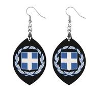 Pendientes colgantes de madera con diseño de escudo de Grecia para mujer, Apricot shaped, Madera, Sin piedra preciosa
