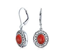 Pendientes colgantes de palanca con cúpula ovalada de coral rojo natural de 3Ct estilo occidental engastados en bisel para mujer en plata de ley .925