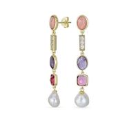 Pendientes Colgantes de Perlas Barrocas Ligeras y Delgadas con Acentos de Cristal y Piedras Preciosas Mixtas Boho Tri-Tono Turmalina Rosa Amatista Violeta para Mujeres y Adolescentes Chapados en Oro