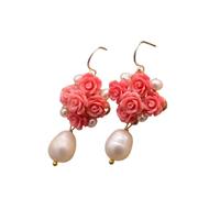 Pendientes Colgantes De Perlas Naturales Hechos A Mano Originales Con Flor Roja De Coral Natural Para Mujer, Joyería Fina De Lujo