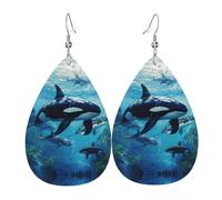Pendientes colgantes de piel con diseño de ballenas asesinas, reversibles, con ganchos chapados en plata