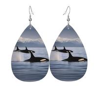 Pendientes colgantes de piel con diseño de ballenas asesinas, reversibles, con ganchos chapados en plata