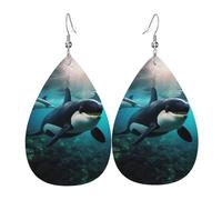 Pendientes colgantes de piel con diseño de ballenas asesinas, reversibles, con ganchos chapados en plata