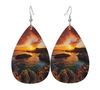 Pendientes colgantes de piel con diseño de paisaje marino de Irlanda, joyería reversible con ganchos chapados en plata