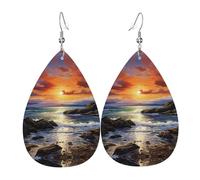 Pendientes colgantes de piel con diseño de paisaje marino de Irlanda, joyería reversible con ganchos chapados en plata