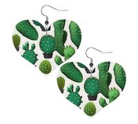 Pendientes colgantes de piel sintética con forma de corazón, bonitos y con estampado de cactus verde