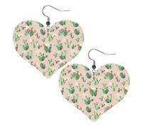 Pendientes colgantes de piel sintética con forma de corazón y diseño de cactus