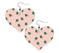 Pendientes colgantes de piel sintética con forma de corazón y diseño de cactus rosa