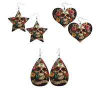 Pendientes colgantes de piel sintética, ligeros, largos, para mujeres y niñas, 3 pares, diseño de calavera del Día de los Muertos, talla única, Cuero sintético