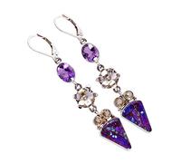 Pendientes colgantes de plata 925 de amatista y citrino de 15 x 10 mm, 9 x 7 mm, 4 mm, cabujones de plata 925, múltiples gemas, hechos a mano, joyería bohemia, regalo artístico para mujeres, atrevidos